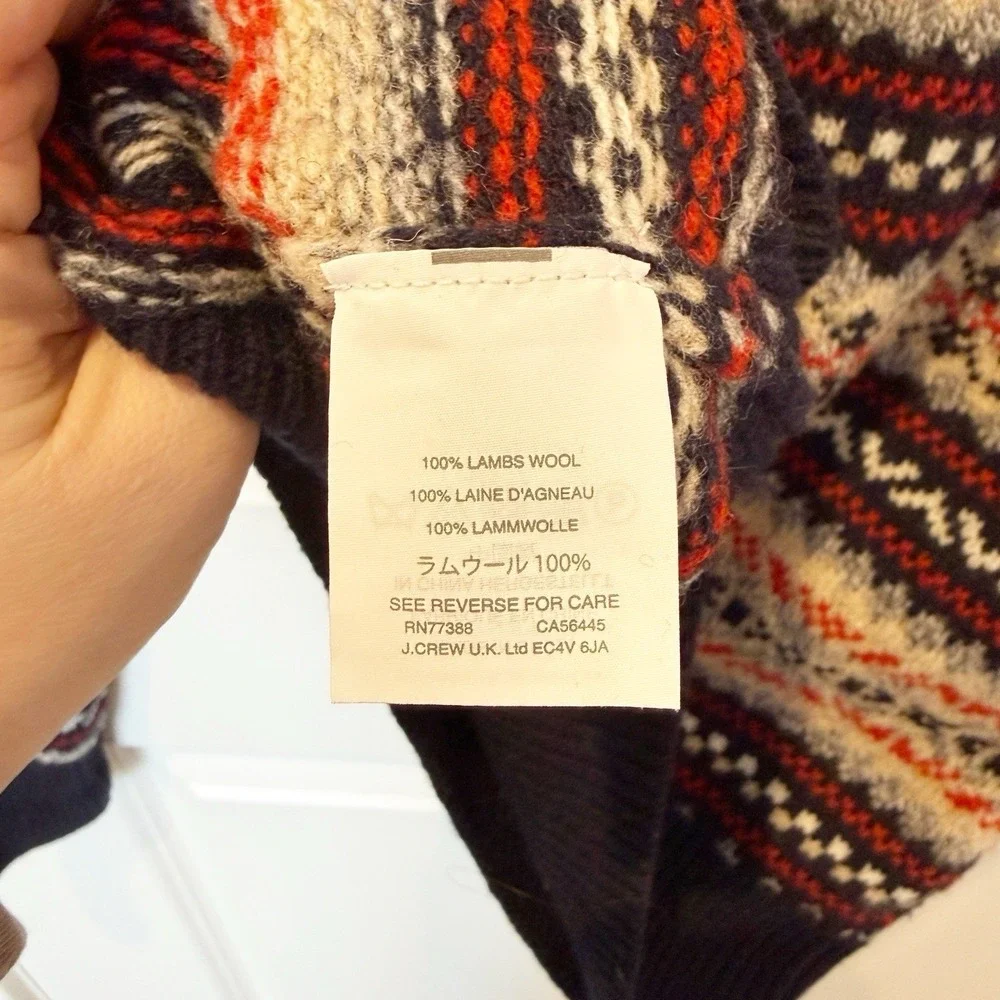 J Crew Mens Lambs Wool Fair Isle Crew Neck Sweater Size Large Nordic Thick Cozy